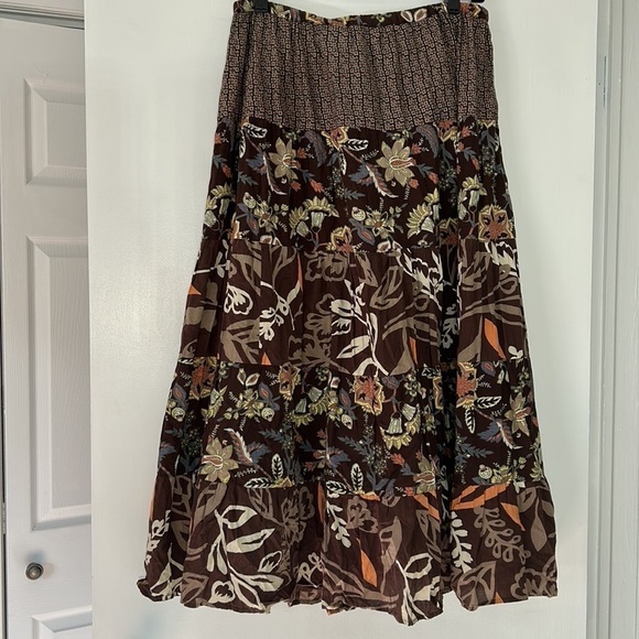 Y2K ELEMENTZ Cotton tiered Bohemian maxi skirt Brown floral mixed prints medium - Picture 4 of 5